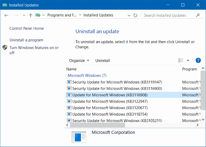Uninstall an update in Windows 10 step4