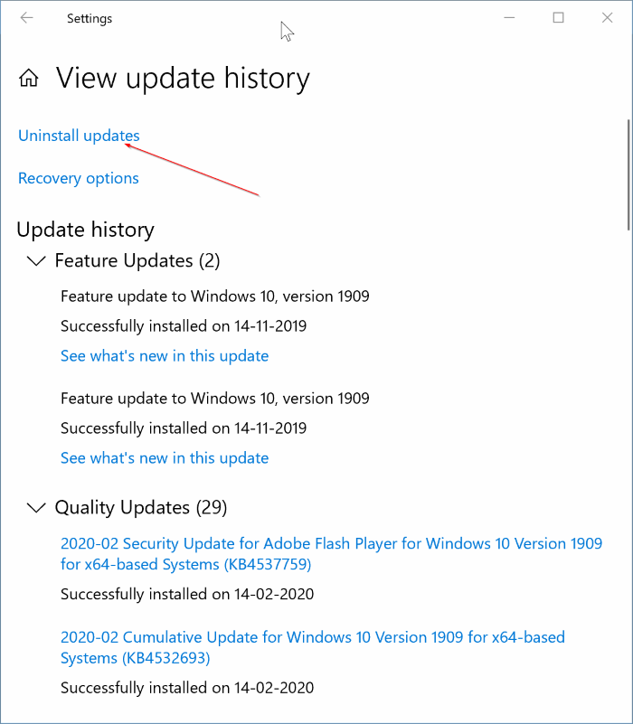 uninstall updates in Windows 10 pic2